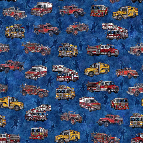 Quilting Treasures Fabrics American Heroes Firefighters Dan Morris Navy Firetrucks, digital sample