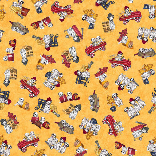 Quilting Treasures Fabrics American Heroes Firefighters Dan Morris Yellow Dalmations and Firetrucks, digital sample