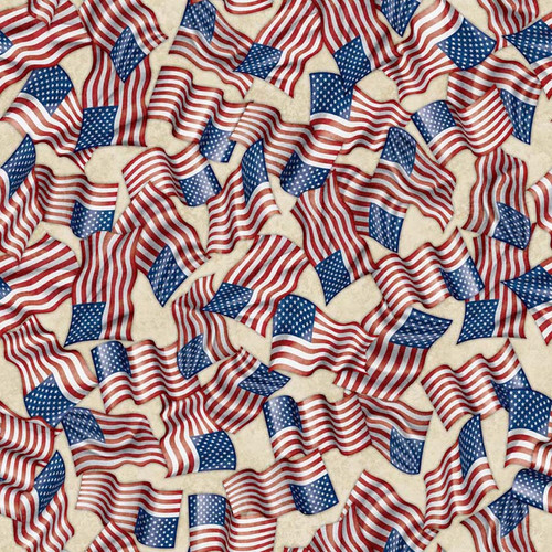 Quilting Treasures Fabrics American Heroes Firefighters Dan Morris Cream Waving American Flags, digital sample