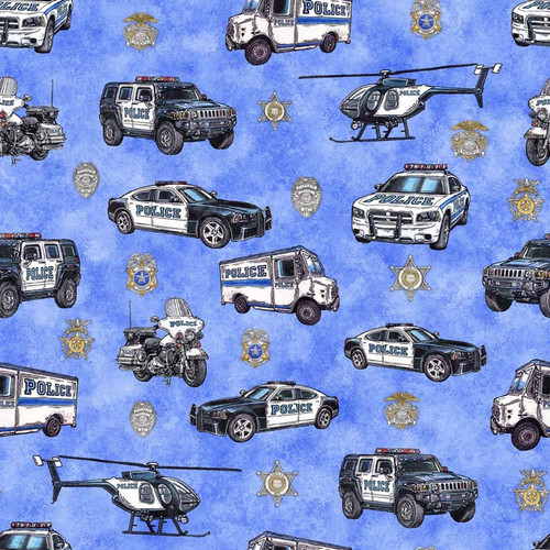 Quilting Treasures Fabrics American Heroes Police Dan Morris Blue Police Cars, digital sample