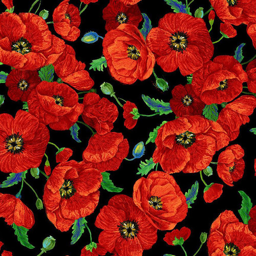 Timeless Treasures Fabrics Poppy Dreams Black Poppy Bouquet