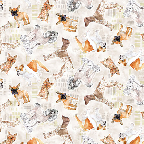 Clothworks Fabrics Best Friends by Lexi Grenzer Taupe Grey Tossed Dogs