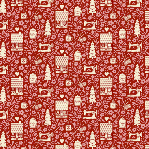 Andover Fabrics Cozy House by Judy Jarvi Cozy House Vignette Red, digital sample