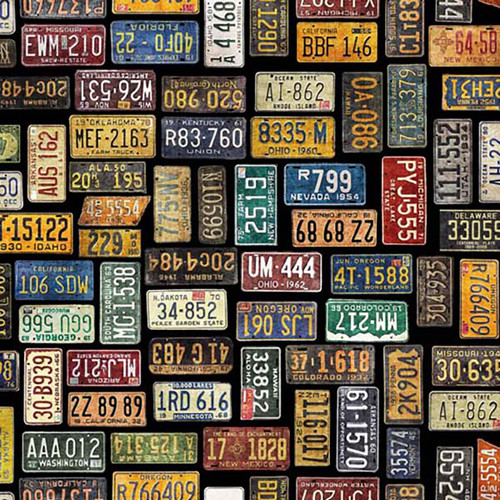 Quilting Treasures Fabrics Heavy Metal Dan Morris Black Vintage License Plates
