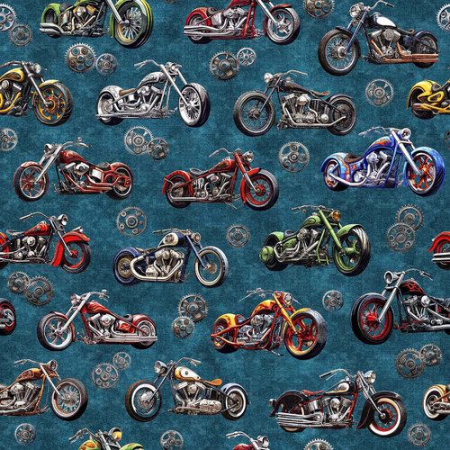Quilting Treasures Fabrics Heavy Metal Dan Morris Teal Motorcycles
