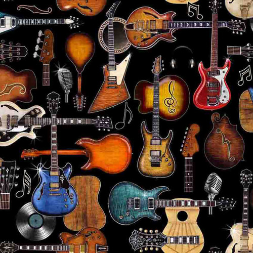 Quilting Treasures Fabrics Rock n Roll Fantasy Dan Morris Guitars Black