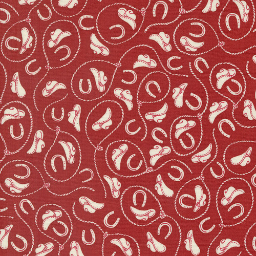 Moda Fabrics Saddle Ranch Cowboy Hats Ropes Horse Shoes Barn Red