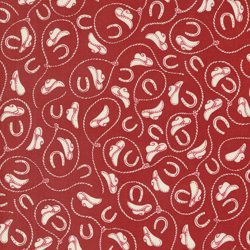 Moda Fabrics Saddle Ranch Cowboy Hats Ropes Horse Shoes Barn Red