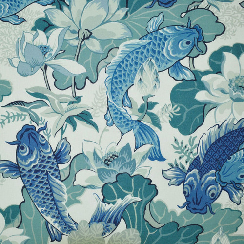 P Kaufmann Fabrics Lotus Pond Nile Blue Koi Fish and Lotus Blooms