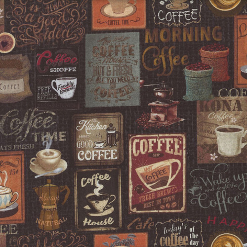 Timeless Treasures Fabrics Happiness in a Cup Coffee Black Coffee Collage