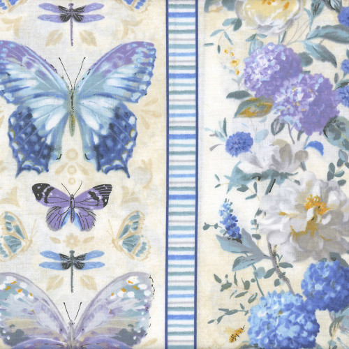 Wilmington Prints Morning Blooms by Danhui Nai Blue Purple Flowers and Butterflies Repeating Stripe
