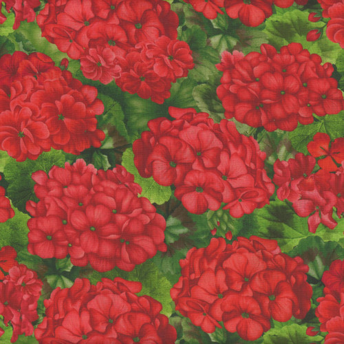 Timeless Treasures Fabrics Scarlet Beauty Red Packed Geranium Blooms and Leaves