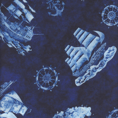 Quilting Treasures Fabrics Ocean Blues by Dan Morris Navy Blue Tossed Ships