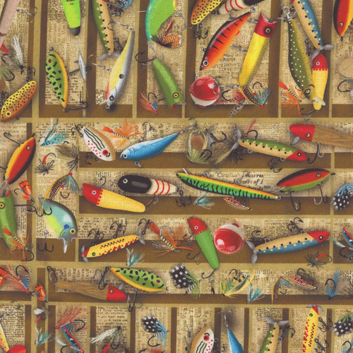Timeless Treasures Fabrics Cabin Rules by Gail Caddon Multi Tackle Box Lures