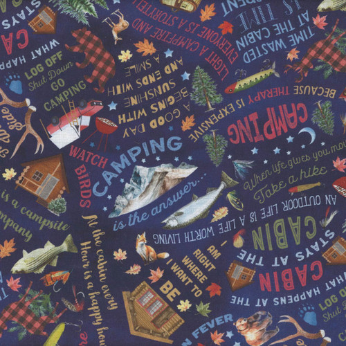 Timeless Treasures Fabrics Cabin Rules by Gail Caddon Navy Campfire Wisdom