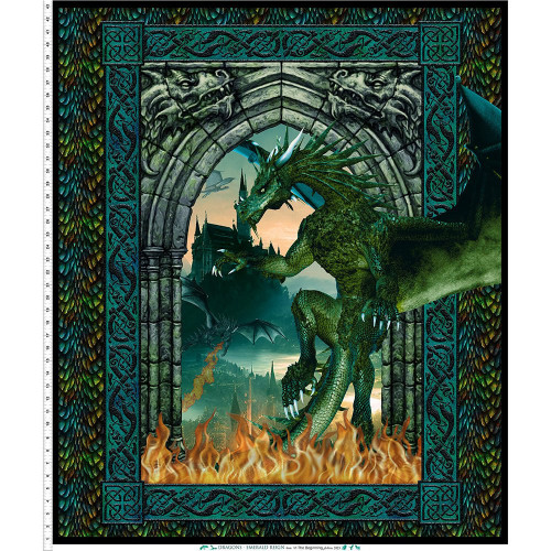 In The Beginning Fabrics Dragons - Emerald Reign Large Dragon Panel Green Black