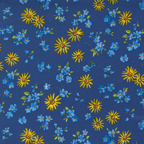 Moda Fabrics Wildflowers 2024 Moda Blue Yellow Tossed Flower Blooms Daisies