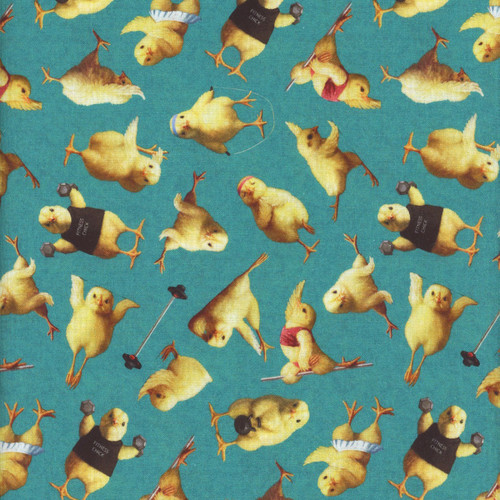 Elizabeth's Studios Fabrics Fitness Chicks Turquoise Blue Tossed Chicks