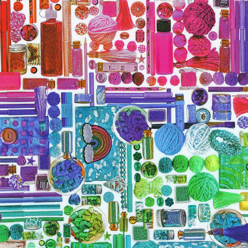 Robert Kaufman Fabrics Rainbow Crafters Stash White Craft Drawer Yarn Pens Stickers