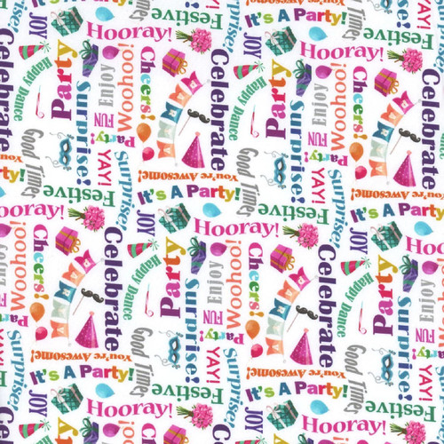 Clothworks Fabrics Celebrate! White Party Words