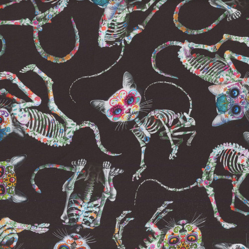 Timeless Treasures Fabrics Day of the Dead Family Album Black Tossed Skeleton Cats