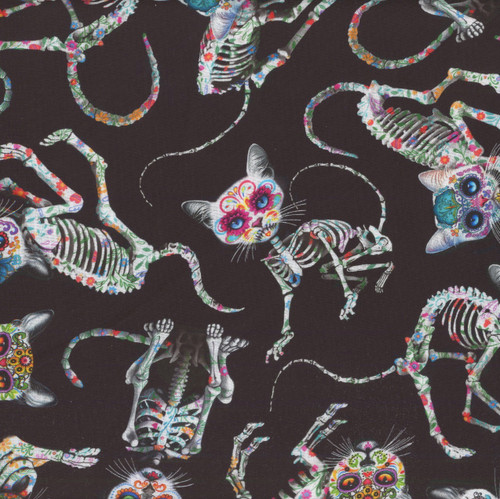 Timeless Treasures Fabrics Day of the Dead Family Album Black Tossed Skeleton Cats