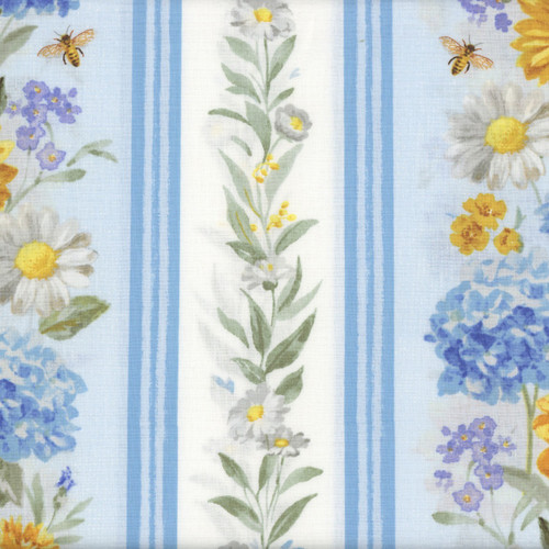 Wilmington Prints Bees & Blooms Danhui Nai Blue Yellow White Floral Stripe