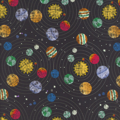 Clothworks Fabrics Blast Off! Planets Black