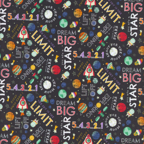 Clothworks Fabrics Blast Off! Words Black