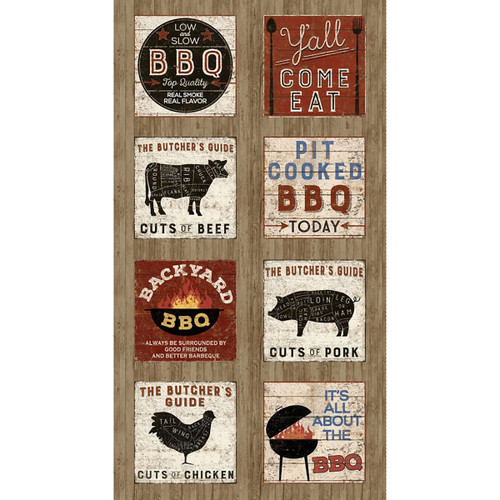 Clothworks Fabrics Backyard BBQ Panel 24 Inch 9 inch blocks Brown Red