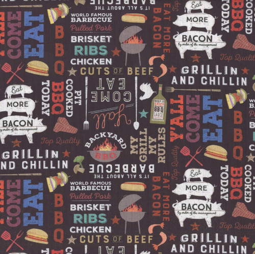 Clothworks Fabrics Backyard BBQ Words Black