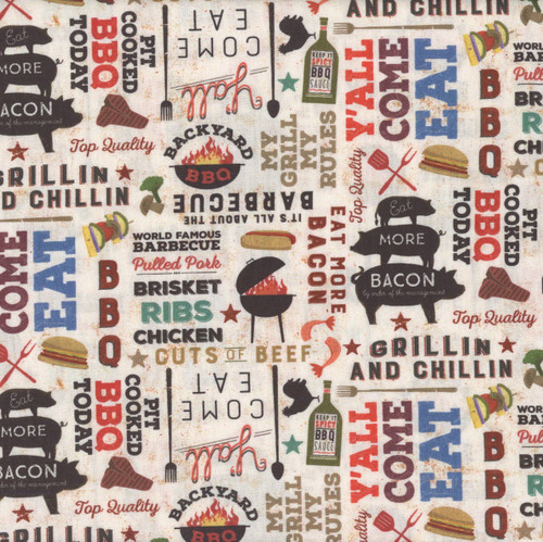 Clothworks Fabrics Backyard BBQ Words Cream
