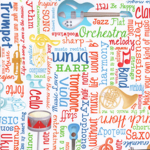 Benartex Fabrics Making Music by Andy Metz  Musical Words White Red Blue Green