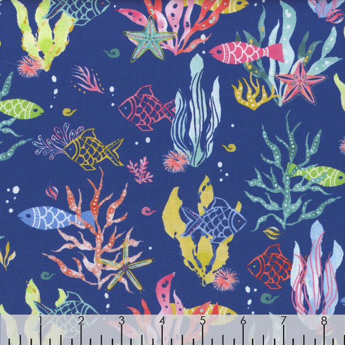 Blank Quilting Fabrics Along The Coast Navy Blue Fish with Seaweed