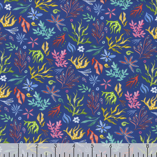 Blank Quilting Fabrics Along The Coast Navy Blue Tossed Seaweed