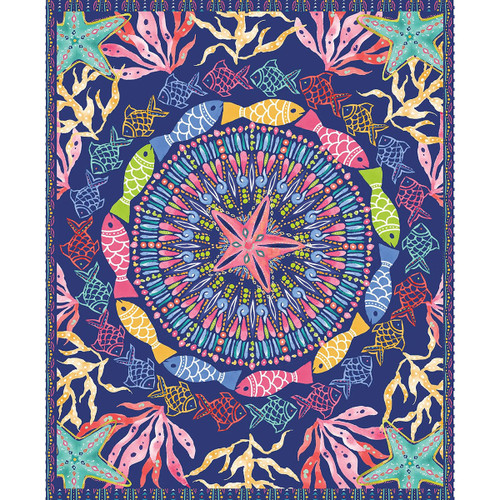 Blank Quilting Fabrics Along The Coast Navy Blue Mandala and Fish Panel - 36 Inch