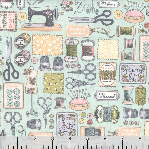 Andover Makower Fabrics Atelier Vintage Sewing Blue Couture Sewing