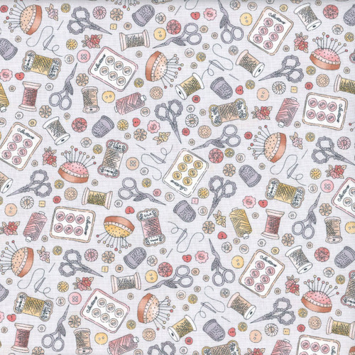 Andover Makower Fabrics Atelier Vintage Sewing Taupe Cream Notions Scissors