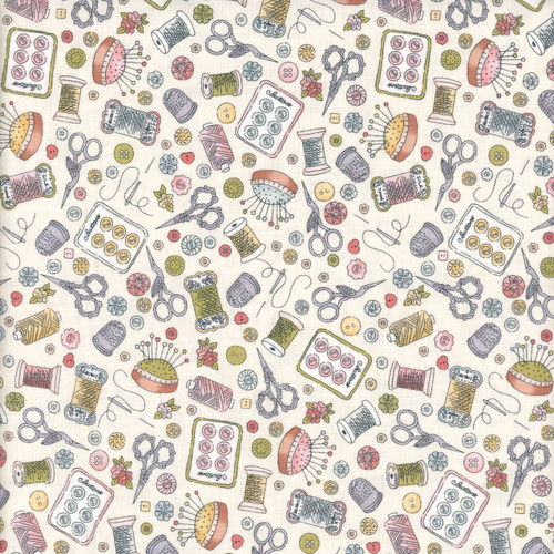 Andover Makower Fabrics Atelier Vintage Sewing Grey Notions Scissors