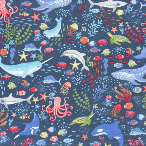 Andover Makower Fabrics Deep Blue Sea Navy Blue Ocean Creatures