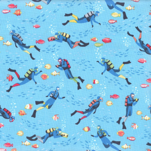 Andover Makower Fabrics Deep Blue Sea Blue Divers and Fish