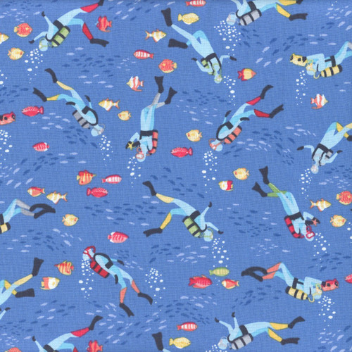 Andover Makower Fabrics Deep Blue Sea Navy Blue Divers and Fish