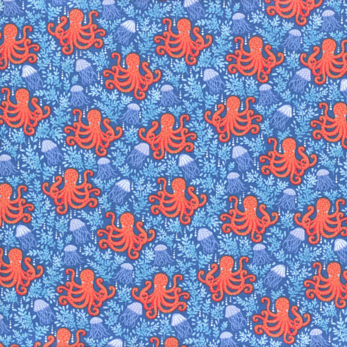 Andover Makower Fabrics Deep Blue Sea Navy Blue Octopus and Jellyfish