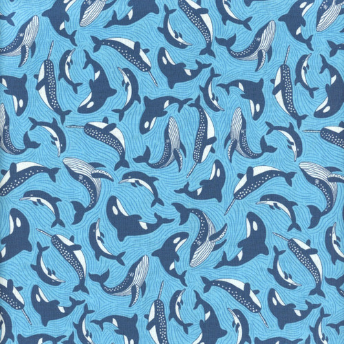 Andover Makower Fabrics Deep Blue Sea Blue Dolphins Narwhales Whales