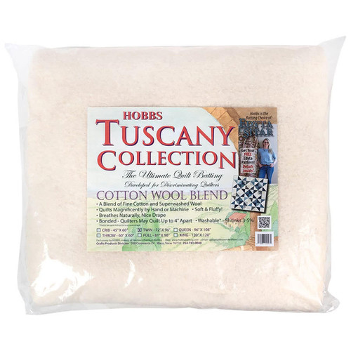 Hobbs Batting Tuscany Cotton/Wool Twin Size Quilt Batting. 

Features:
80% Cotton and 20% Wool
Will resist bunching and fiber migration
Recommended for medium or dark colored fabrics
Quilt as closely as you would like or up to 4" apart
Prewashing is not recommended. May experience shrinkage of up to 3-5%.