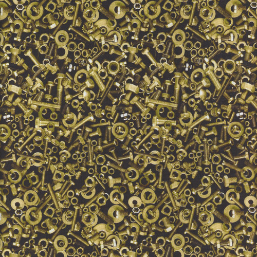 Blank Quilting Fabrics Full Steam Ahead Brass Gold Yellow Nuts and Bolts Collage