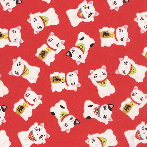 Fabric Traditions Freckle and Lollie Red Dim Sum Lucky Cat, a colorful textile with a pattern of adorable white lucky cats wearing traditional collars and accessories on a vibrant red background.