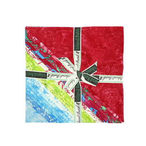 Island Batik Bright Tidings Christmas Stacks Layer Cake Ten Inch Squares, colorful fabric bundle arranged in a layered display with a decorative ribbon, ideal for holiday quilting projects.