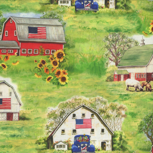 Studio E Fabrics Liberty Barn Gwendolyn Babbitt Barns with American Flags Green