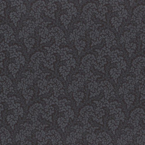 Andover Fabrics Century Black on Black II by A Meadow Black, close-up of black fabric with intricate light gray tree and leaf pattern.